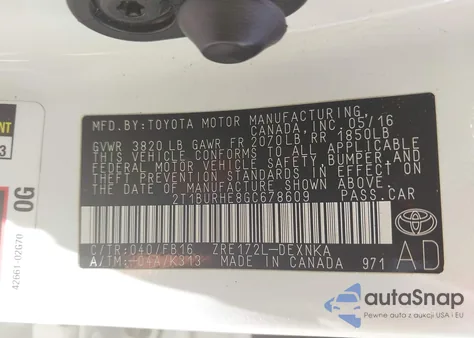 2016 Toyota Corolla Le from USA, damaged, VIN 2T1BURHE8GC678609